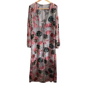 EN CREME Pink and green Burnout Velvet Maxi Tie Front Duster Swim Cover up Large